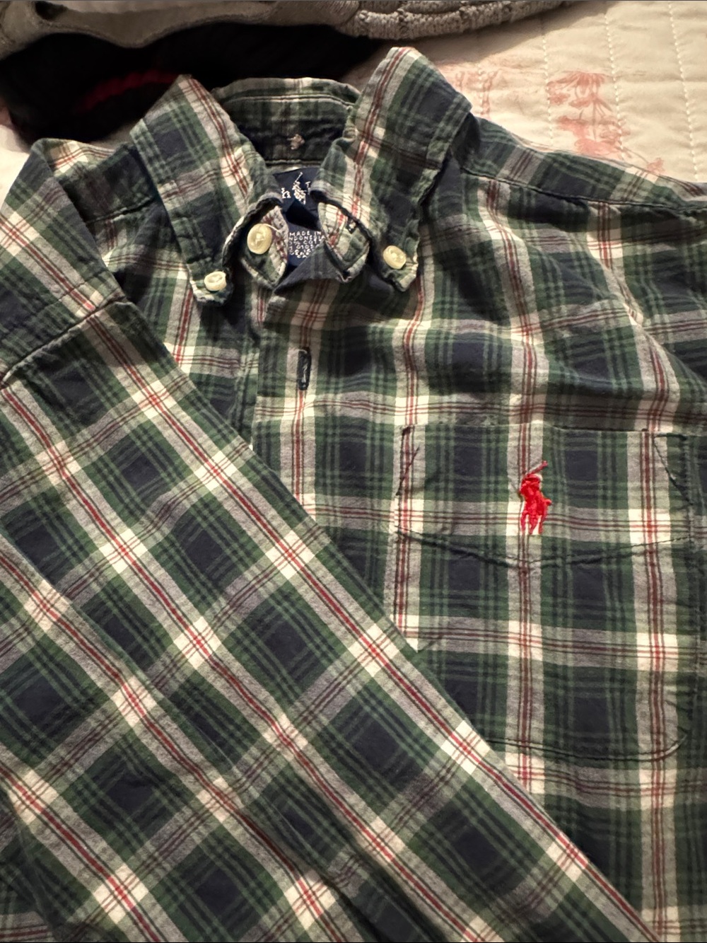 Polo by Ralph Lauren Green and Navy Plaid Button-Down Shirt with Red Pony